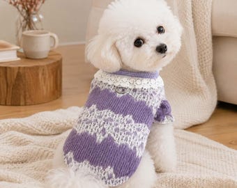 Lace Collar Dog Sweater, Knit Pet Outfit, Small Dog Clothes