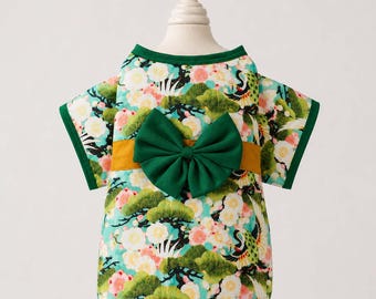 Kimono Style Dog Shirt with Bow, Floral Crane Pet Outfit, Green Pink or Red