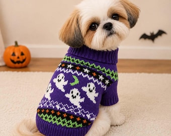 Purple Ghost Dog Sweater, Halloween Knit Pet Jumper, Small Dog Clothes XS-XL