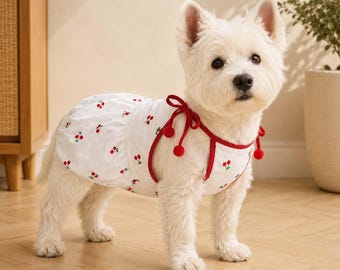 Cherry Dog Dress, Red Bow Pet Romper, Small Dog Summer Puppy Outfit