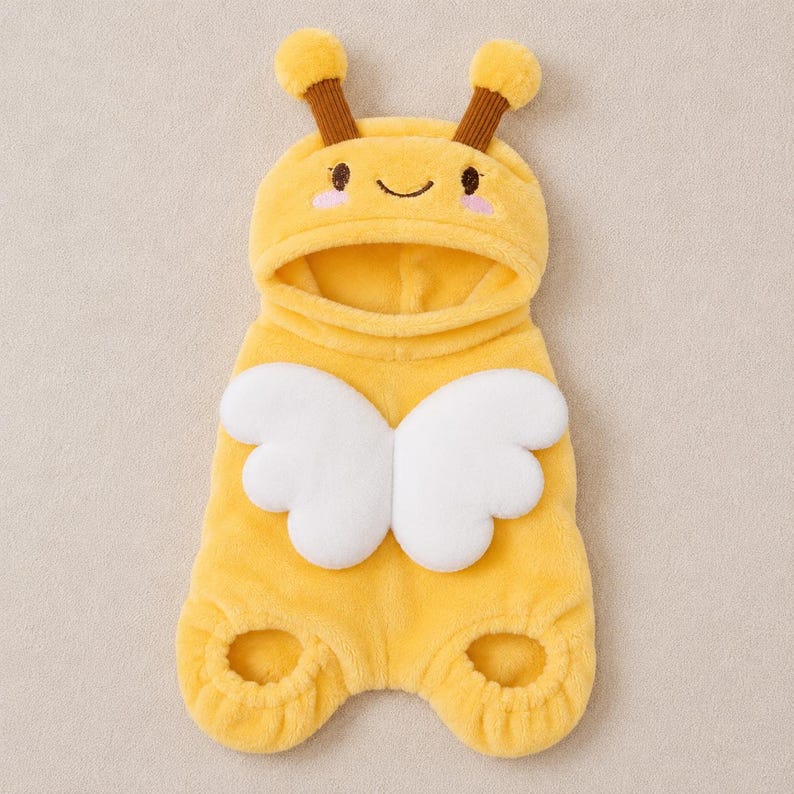 May include: A yellow plush hooded garment featuring two brown antennae on top, embroidered facial features with pink cheeks, and large white padded wings attached to the center. The piece includes two leg openings at the bottom for a pet.