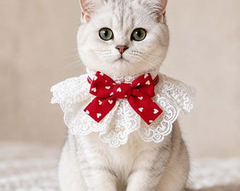 Red Heart Lace Pet Collar, Bow Neck Accessory for Cats & Small Dogs