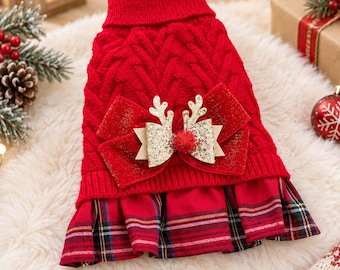 Christmas Dog Sweater Dress, Plaid Pet Dress with Reindeer Bow, XS-XL