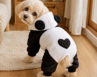 Panda Fleece Dog Jumpsuit, Black White Four-Leg Pet Hoodie