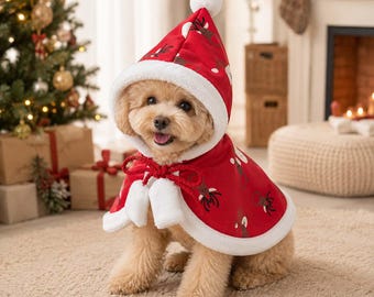 Christmas Pet Cape with Hood, Reindeer Dog Cat Holiday Outfit