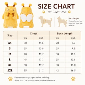 May include: A yellow plush pet costume featuring a hood with antennae and white wings on the back. The image includes a size chart with measurements in cm and inches for sizes XS through 2XL, illustrating chest and back length for pets.