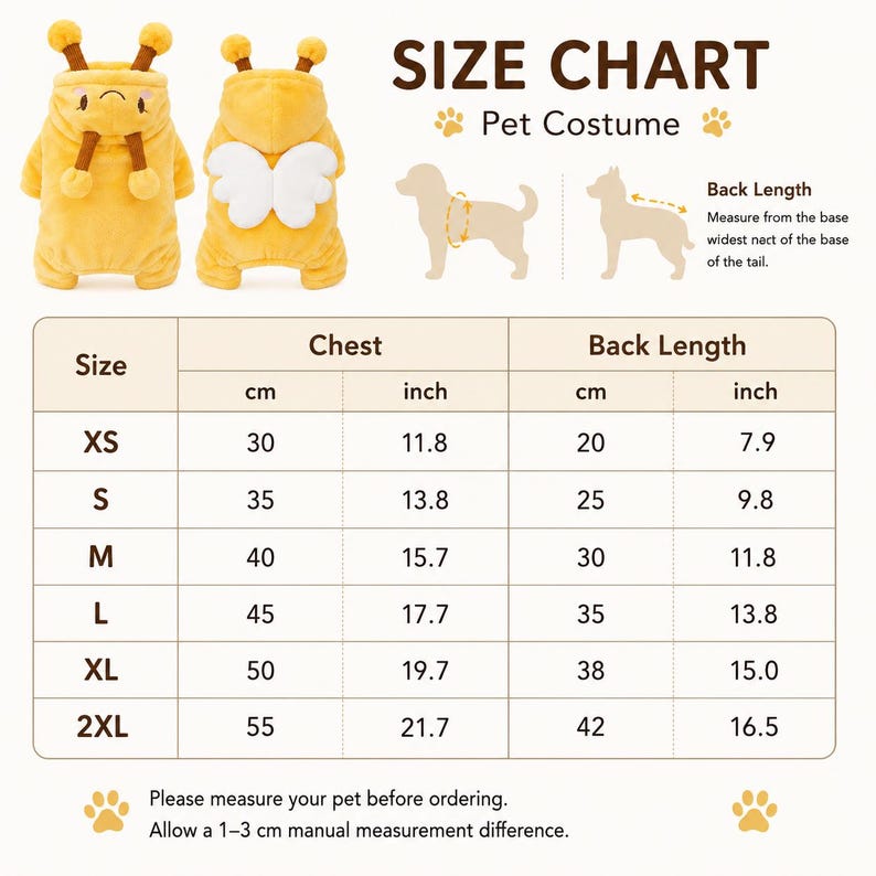 May include: A yellow plush pet costume featuring a hood with antennae and white wings on the back. The image includes a size chart with measurements in cm and inches for sizes XS through 2XL, illustrating chest and back length for pets.