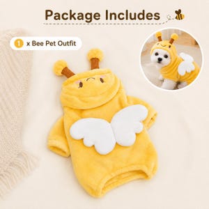May include: A yellow plush pet outfit featuring a hood with brown antennae and white fabric wings on the back. The text Package Includes 1 x Bee Pet Outfit is visible. A circular inset shows a white dog wearing the bee costume with a hood.