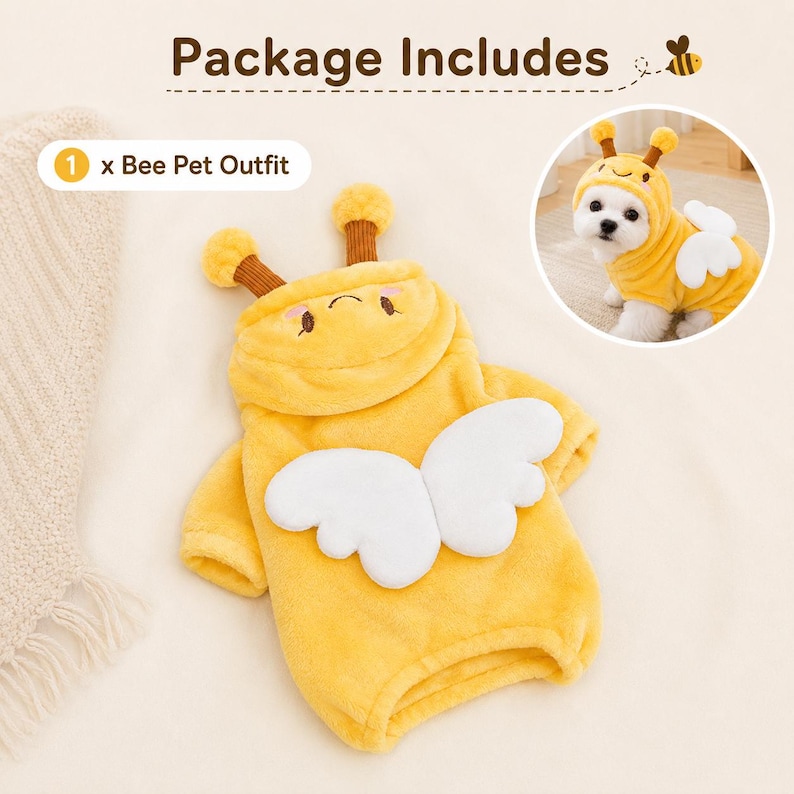 May include: A yellow plush pet outfit featuring a hood with brown antennae and white fabric wings on the back. The text Package Includes 1 x Bee Pet Outfit is visible. A circular inset shows a white dog wearing the bee costume with a hood.