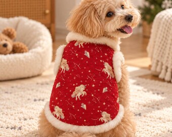 Red Unicorn Dog Vest, Plush Trim Pet Coat, Small Dog Winter Outfit