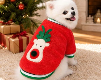 Christmas Dog Sweater, Reindeer Plush Pet Shirt, Red Green Holiday Outfit