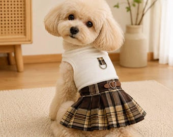 Brown Plaid Dog Dress, White Ribbed Pet Outfit with Pleated Skirt, Preppy Puppy Clothing