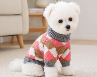 Pink Argyle Dog Sweater, Gray Turtleneck Pet Pullover, Small Puppy Clothes, XS–XL