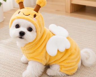 Yellow Bee Pet Costume, Plush Hooded Dog Outfit with Wings, XS–2XL