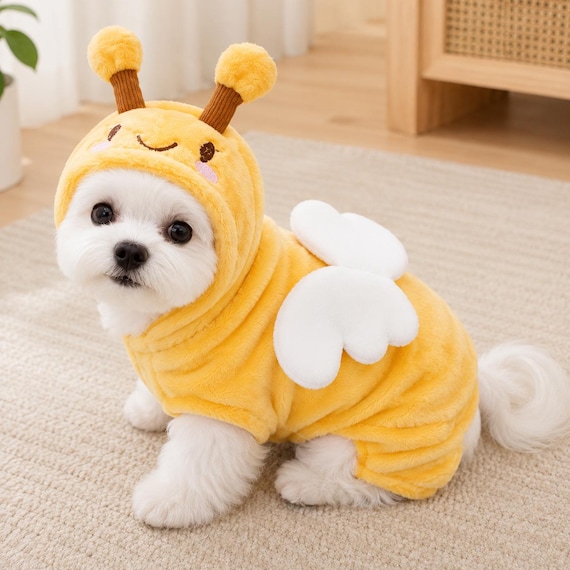 Yellow Bee Pet Costume, Plush Hooded Dog Outfit with Wings, XS–2XL