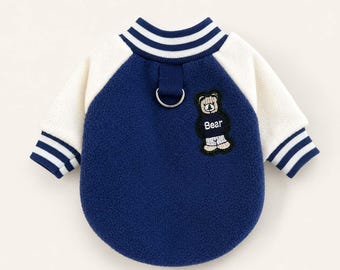 Soft Pet Varsity Jacket with Bear Patch, Striped Puppy Coat with Snap Buttons