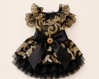 Black Gold Pet Dress, Sequin Tulle Outfit for Small Dogs and Cats