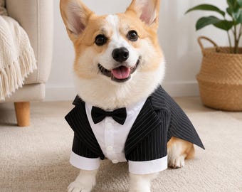 Pinstripe Dog Tuxedo Suit, Bow Tie Pet Wedding Outfit, Formal Dog Costume