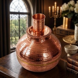 May include: A round, hammered copper water pot with a wide body and a narrow neck, topped with a matching cylindrical copper tumbler. The surface features a distinct hammered texture and a smooth horizontal band encircling the lower section.