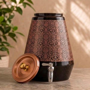 May include: A black ceramic water dispenser featuring a copper-coloured intricate damask pattern around the body. The vessel includes a removable copper-toned lid with a central knob and a silver-coloured metal spigot attached to the front base.