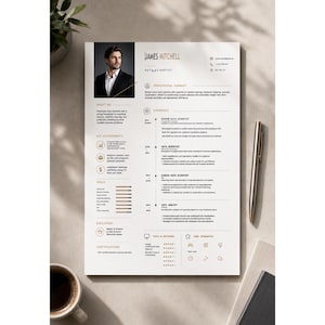 May include: A professional resume template for a data scientist named James Mitchell, featuring a black and white headshot, contact details, professional summary, experience timeline, skills list, education, and certifications in a clean layout.