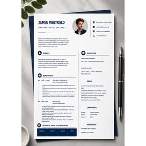 May include: A professional resume template for a manufacturing engineer named James Whitfield, featuring a circular headshot, contact details, profile summary, work experience, education, skills, and technical tools, presented on a white sheet.