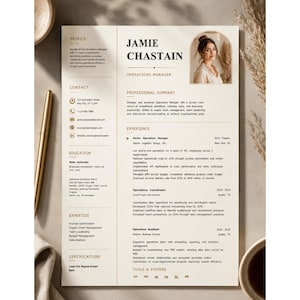 May include: A professional resume template for Jamie Chastain, an Operations Manager. The document features a beige background, a circular photo in an arched frame, and sections for profile, contact, education, expertise, and work experience.