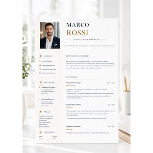 May include: A professional resume template for a Supply Chain Manager named Marco Rossi. The document features a dark blue and gold color scheme, a headshot, contact details, professional summary, work experience, education, and skills sections.