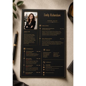 May include: A black resume template with gold text and accents featuring a professional headshot of a woman, sections for education, experience, skills, and contact information, and the name Emily Richardson printed at the top in gold font.