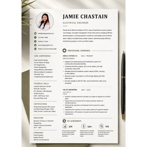 May include: A professional CV template for an electrical engineer named Jamie Chastain, featuring a circular headshot, contact details, core competencies, technical skills, professional experience, and key achievements in a clean, black and white layout.