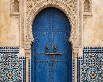 Blue Moroccan Door Fez Printable Wall Art, Moroccan Architecture Poster, Morocco Digital Download