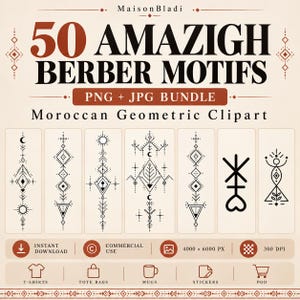 May include: A digital bundle of 50 Amazigh Berber motifs featuring Moroccan geometric clipart in black ink on a cream background. The text reads MaisonBladi, 50 AMAZIGH BERBER MOTIFS, PNG + JPG BUNDLE, Moroccan Geometric Clipart, 4000 x 6000 PX, 300 DPI.