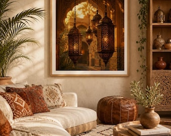 Moroccan Golden Lantern Poster, Boho Riad Wall Art, Living Room Decor
