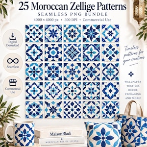 Puede incluir: Un paquete digital de 25 patrones Zellige marroquíes con diseños geométricos en azul y blanco. La imagen muestra una cuadrícula de azulejos cuadrados, una taza, un cojín y un bolso de mano, todos decorados con estos patrones sin costuras, etiquetados MaisonBladi.