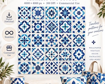 25 Moroccan Zellige Patterns, Seamless PNG JPG Bundle, Blue Geometric Tile Designs, Commercial Use, Digital Download