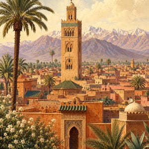May include: A painting of a tall, tan stone minaret with intricate geometric carvings rising above a city of terracotta-colored buildings. Palm trees, white flowers, and red blossoms frame the foreground, with snow-capped mountains in the distance.