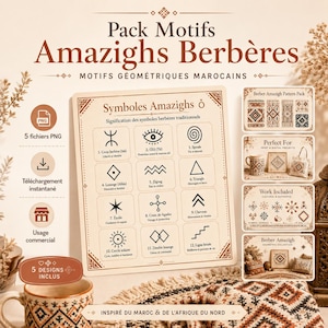 May include: A digital design pack titled Pack Motifs Amazighs Berberes featuring a reference sheet of twelve traditional Moroccan geometric symbols with descriptions, alongside four smaller preview panels showing patterns on mugs, bags, and pillows.