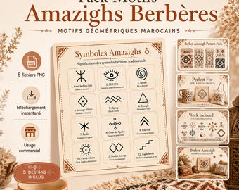 Amazigh Symbols PNG Pack, 5 Berber Geometric Patterns, Moroccan Digital Download, Commercial Use