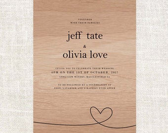 Simple Love Heart Wooden Wedding Invitations - Clean Writing Real Wood Wedding Invite - Modern Simple Clean Font Wooden Wedding Invites