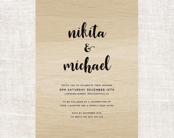 Simple Elegant Font Wooden Wedding Invitations - Pretty Cursive Script Calligraphy Writing Real Wood Wedding Invite - Wooden Wedding Invites