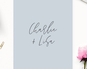 Dusty Blue Minimal Modern Invitations Simple Grey Blue Flowing Script Font Stylish Wedding Invite Custom Wedding Invitation Pale Powder Blue