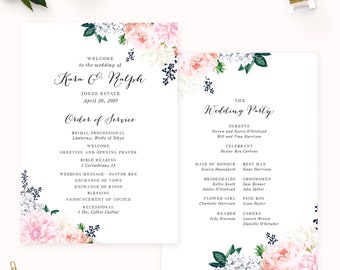 Pink Florals Ceremony Program Script Font Romantic Cream Berries Blush Flowers Garden Order of Service Wedding Ceremony Program