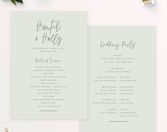 Pale Green Modern Simple Wedding Program Minimal Script Font Pastel Green Order of Service Wedding Ceremony Program