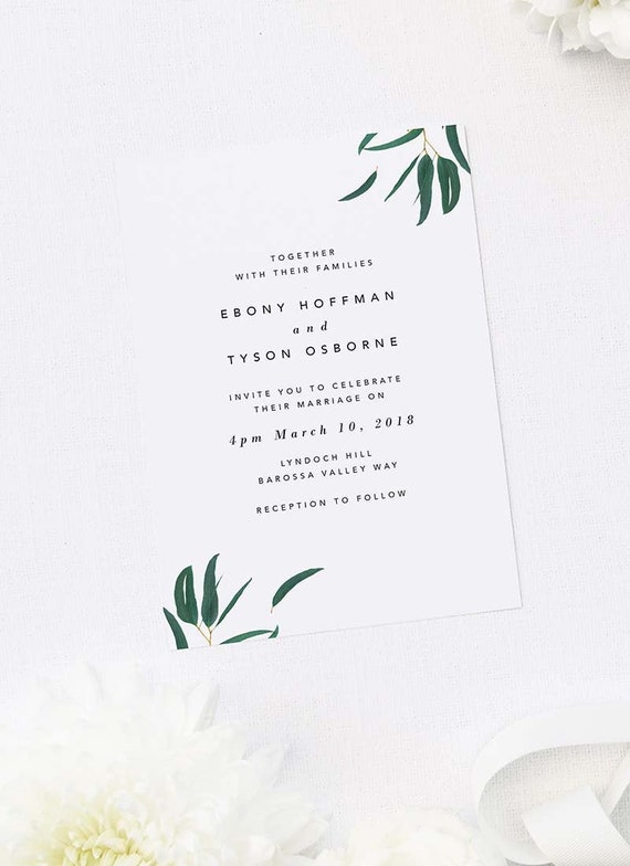 simple eucalyptus elegant invitations white green gum leaves botanical wedding invite modern native australian custom wedding invitation simple elegant invitations