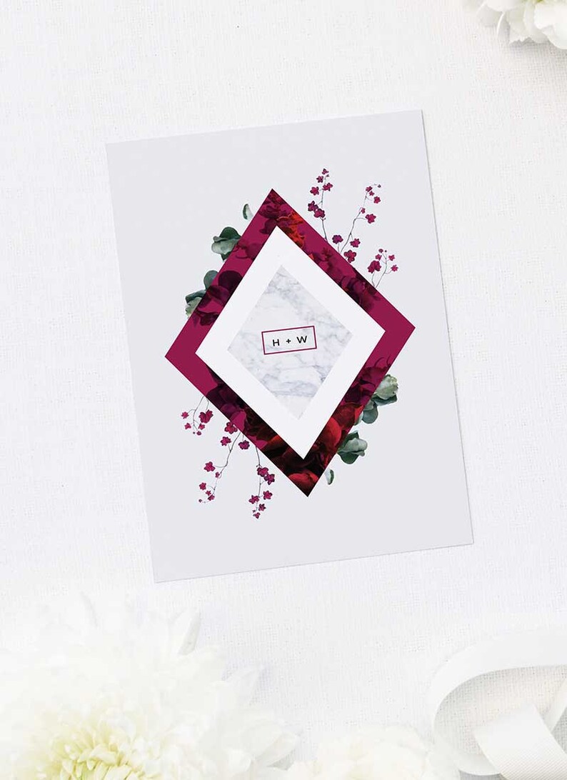 Burgundy Marble Botanical Wedding Invite Modern Greenery Dainty Floral Geometric Crimson Grey Chic Wedding Custom Wedding Invitation