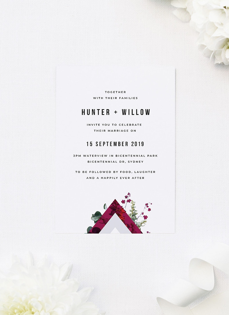 Burgundy Marble Botanical Wedding Invite Modern Greenery Dainty Floral Geometric Crimson Grey Chic Wedding Custom Wedding Invitation