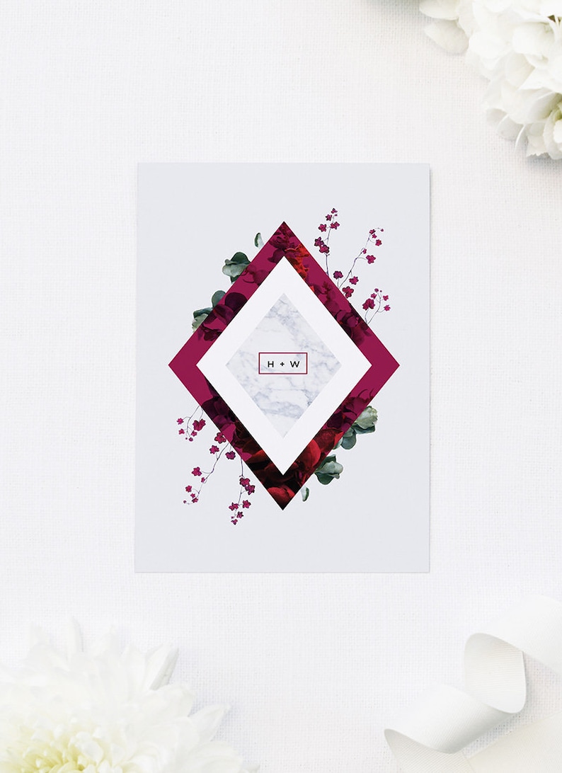 Burgundy Marble Botanical Wedding Invite Modern Greenery Dainty Floral Geometric Crimson Grey Chic Wedding Custom Wedding Invitation