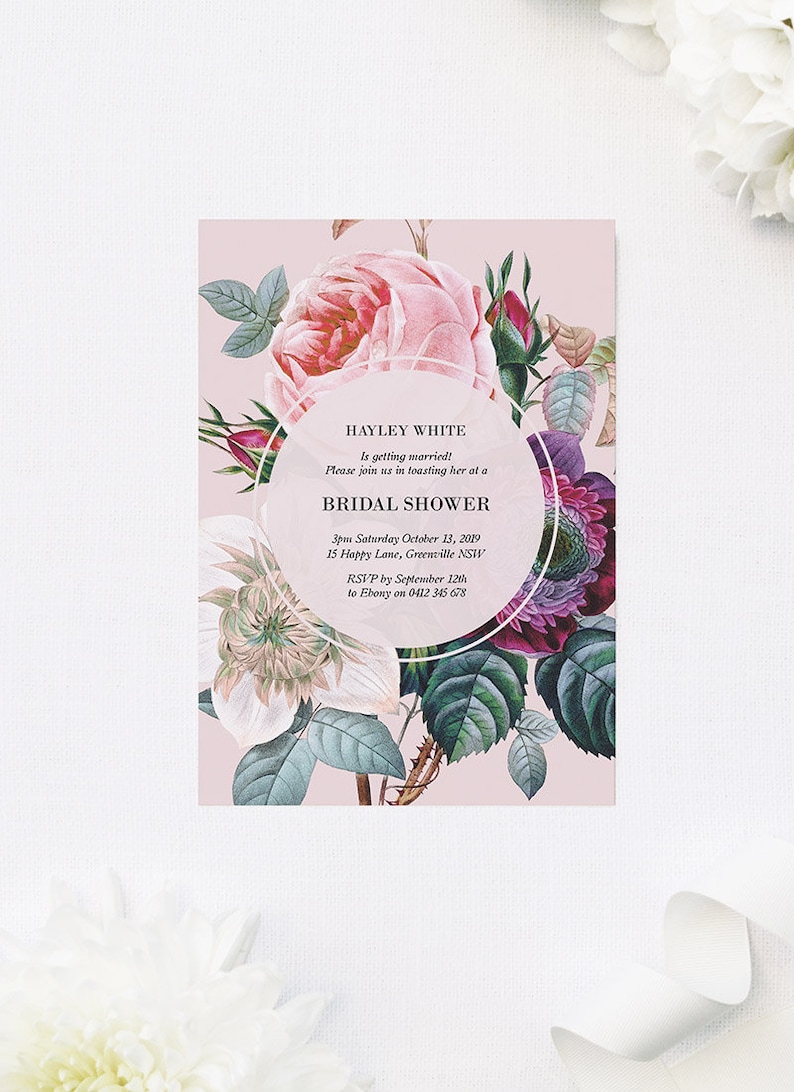 Blush Pink Rose Bridal Shower Invitations Beautiful Flowers Botanical Kitchen Tea Invite Elegant Floral Bouquet Roses Petals Pretty
