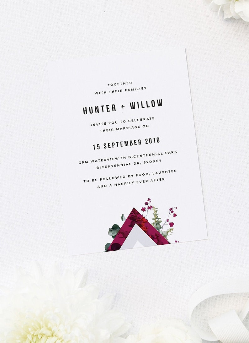 Burgundy Marble Botanical Wedding Invite Modern Greenery Dainty Floral Geometric Crimson Grey Chic Wedding Custom Wedding Invitation