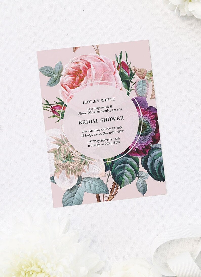 Blush Pink Rose Bridal Shower Invitations Beautiful Flowers Botanical Kitchen Tea Invite Elegant Floral Bouquet Roses Petals Pretty